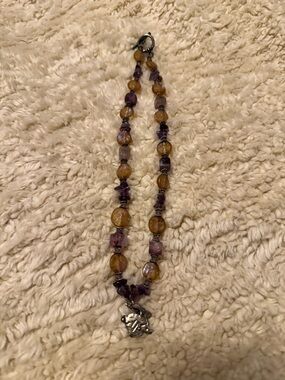 Amber and Amethyst Beaded Necklace with Silver Rabbit Charm